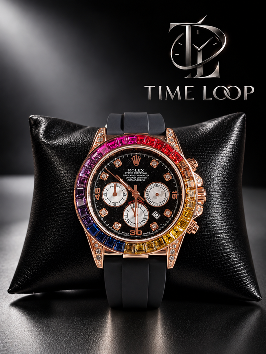 Rainbow Rose Gold Chronograph – Black Oysterflex